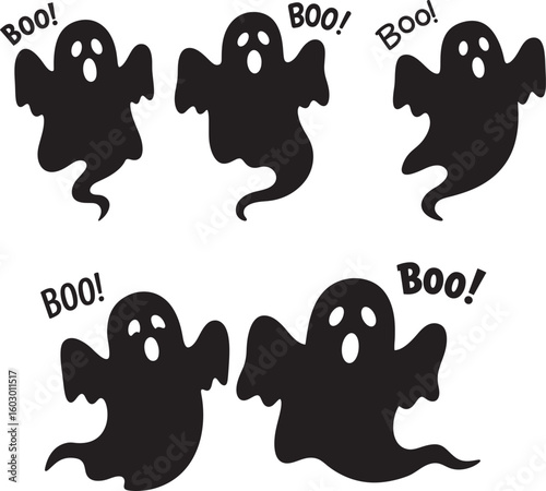 Five spooky halloween ghosts saying boo silhouette