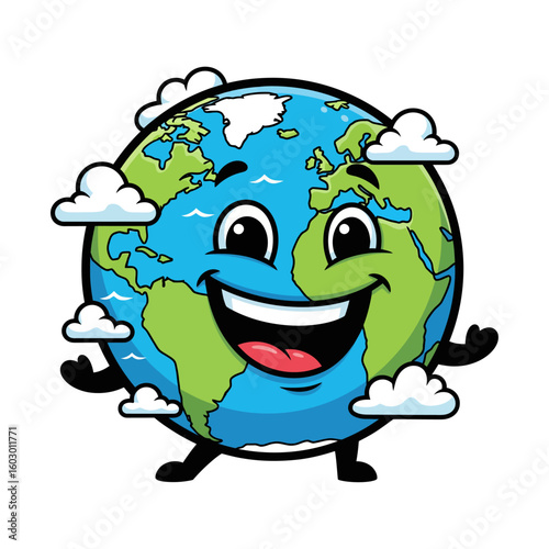 A cartoon earth character with a big smile surrounded by clouds on a white isolated background