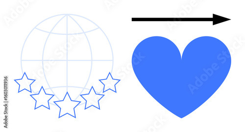 Globe outlined with stars symbolizing excellence paired with a blue heart and an arrow for forward progress. Ideal for global impact, quality service, success, humanity, care, progress, simple