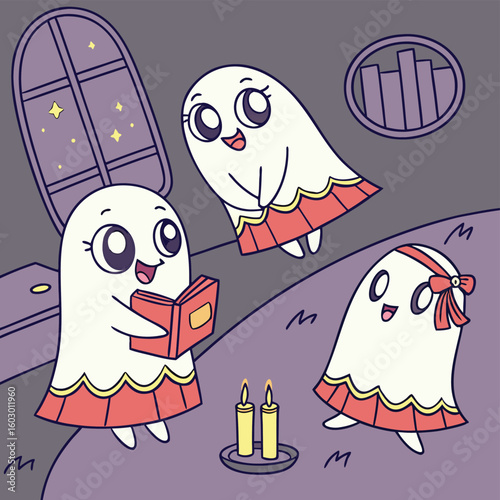 Cute Cartoon Friendly Ghosts Reading and Floating at Night