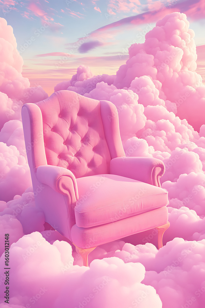 Obraz premium A whimsical pink armchair floating among fluffy pastel clouds at sunset, evoking tranquility