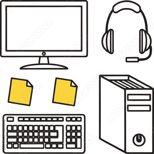 Computer monitor keyboard headphones computer tower and sticky notes vector