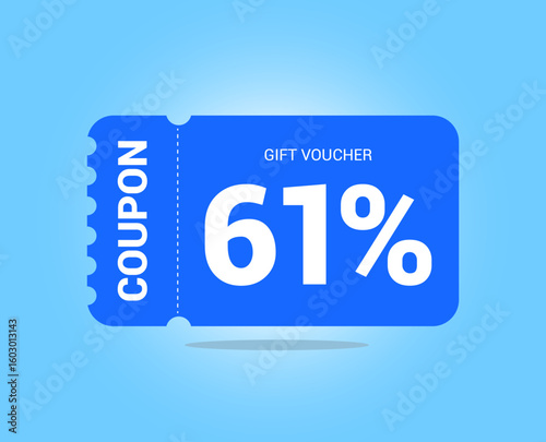 61% coupon promotion sale. Sixty one percent Vector Gift Voucher. Blue discount, lucky ticket, special offer promo. Web, shopping label, percent sign. Special price offers.