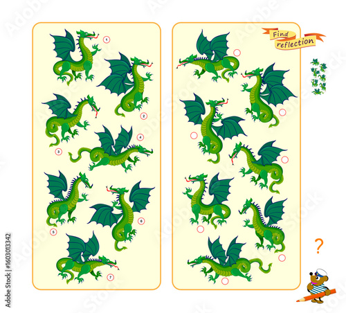 Logic puzzle game for children and adults. Can you find the reflection of each dragon? Brain teaser book. Developing kids spatial thinking. Task for attentiveness. Flat vector illustration.