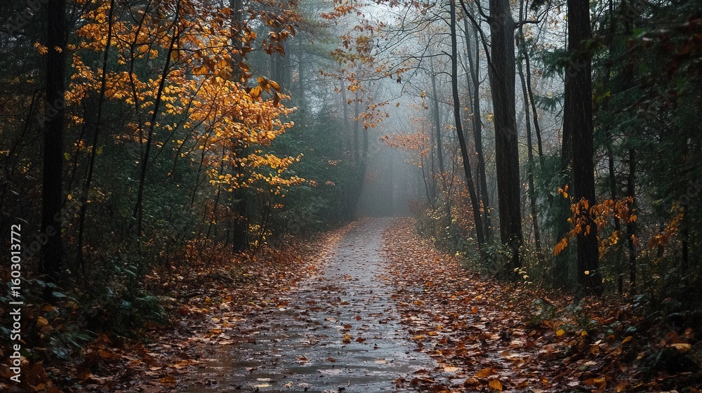Fototapeta premium A misty forest path covered with fallen autumn leaves, surrounded by tall trees with orange and yellow foliage.
