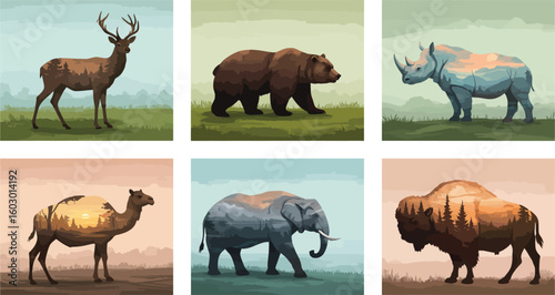Majestic wildlife double exposure art featuring deer, bear, rhino, camel, elephant, and bison in natural settings