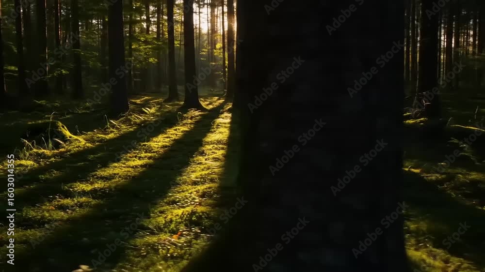 Sunlight filtering through tall trees in a serene forest, creating shadows on the lush green ground