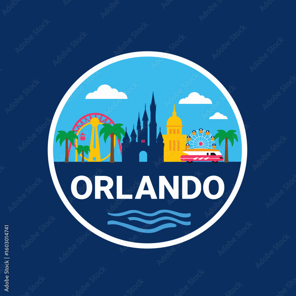 custom made wallpaper toronto digitalOrlando vector badge with night sky, castle, Ferris wheel, roller coaster, train and palm trees