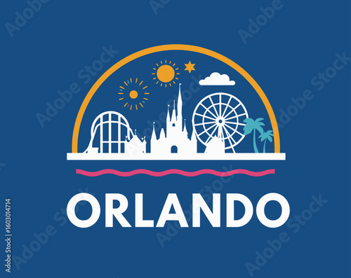 Modern emblem of Orlando with castle, Ferris wheel, roller coaster, palm trees, sun, stars and clouds