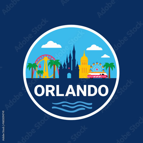 Orlando vector badge with night sky, castle, Ferris wheel, roller coaster, train and palm trees