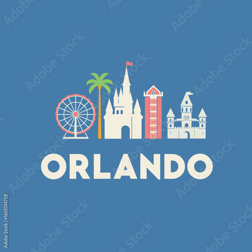 Flat vector logo of Orlando with fantasy castles, Ferris wheel, tower, palm tree and amusement park skyline