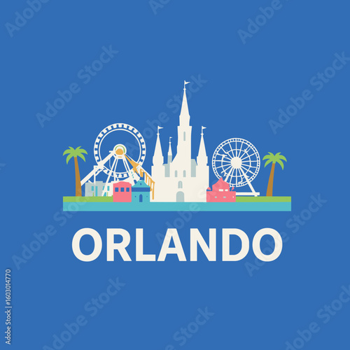 Flat design emblem of Orlando with white castle, Ferris wheels, palm trees and amusement park buildings