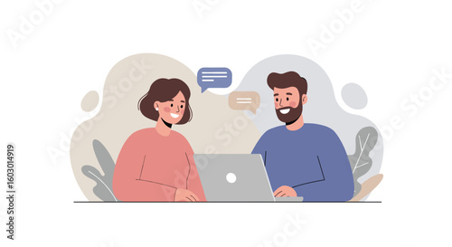 Flat design of two people chatting while working on a laptop with spee