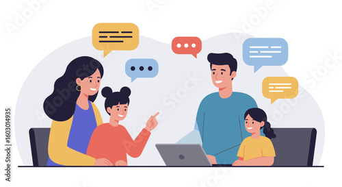 Illustrated family sitting together engaged in digital conversation wi