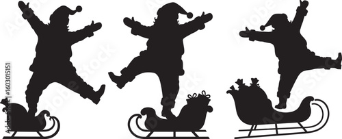 Three joyful santa claus figures dancing on sleighs silhouette