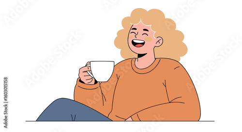 Happy person enjoying coffee with relaxed smile in minimalist style