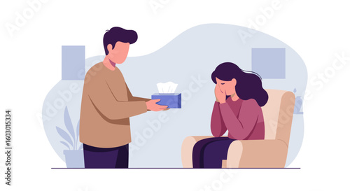 Offering comfort: man handing tissue box to crying woman in minimalist