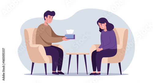 Empathetic support session: person offering tissue to another in comfo