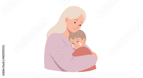 Mother comforting crying child in gentle embrace