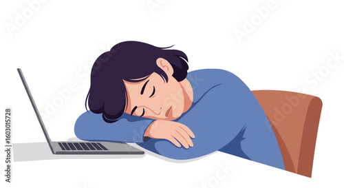 Exhausted young woman sleeping at desk with laptop in casual setting