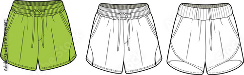 Cad drawing flat vector illustration of casual shorts template with drawstring waist, green white gray colors, front view, fashion design