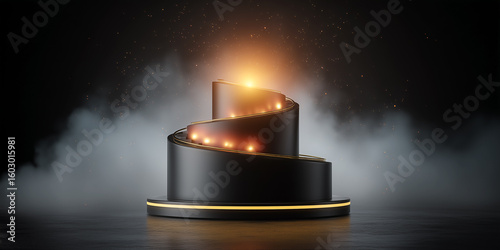 A striking black spiral podium with glowing gold lights, surrounded by mist on a dark background, perfect for showcasing a winning product.