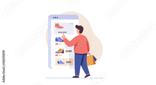 Man shopping online for shoes with smartphone app in minimalist flat d