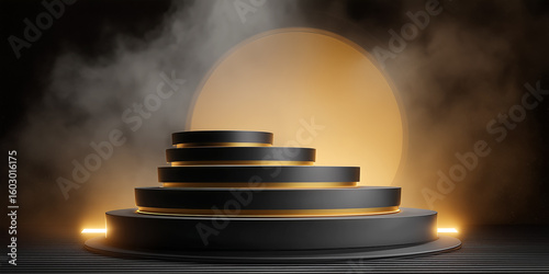  A minimalist black tiered podium with glowing gold light accents, set against a smoky dark background with a large spotlight.