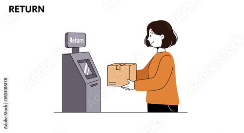 Customer returning package at self-service kiosk with box and touchscr
