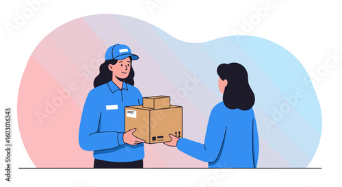 Delivery service interaction showing courier handing package to custom