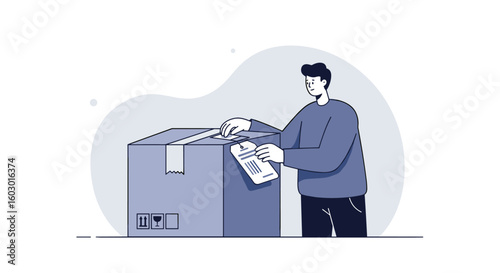 Person attaching shipping label to cardboard box in modern minimalist