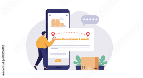 Man tracking package delivery on smartphone with shipping boxes nearby