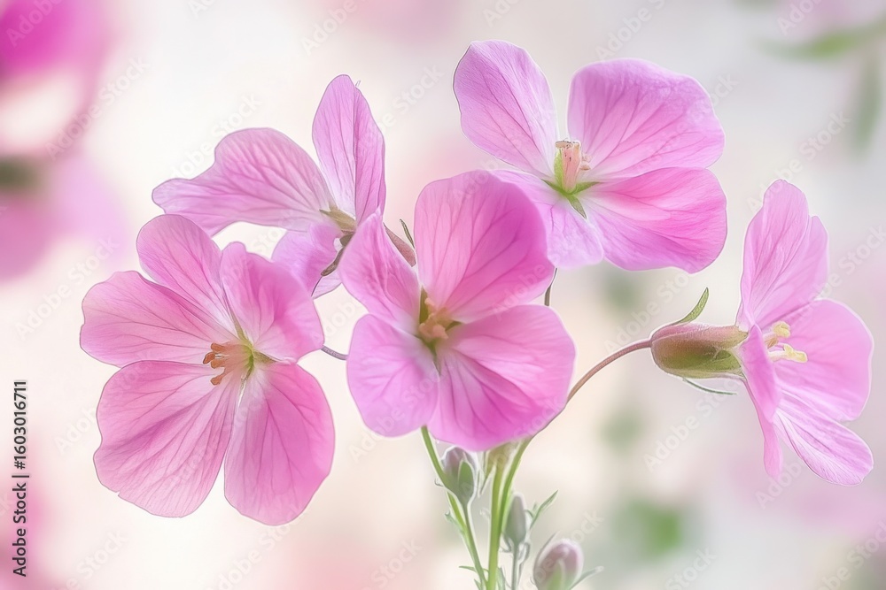 Fototapeta premium A soft and delicate closeup of pink geranium flowers in full bloom bathed in