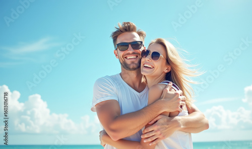 a happy couple man and woman hug against the background of a blue sky with clouds