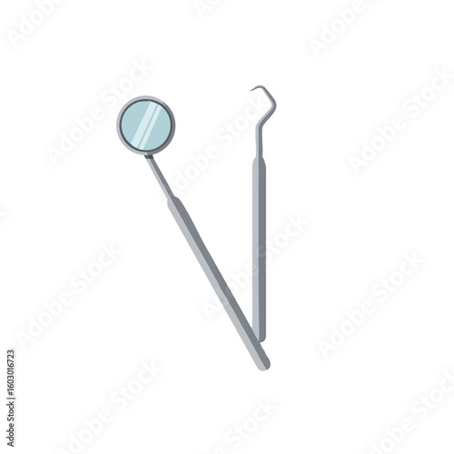 Vector illustration of dental mirror and hook flat style on white background, medical tools