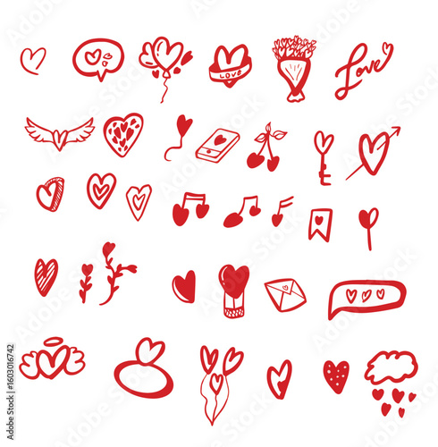 Red heart collection with hand drawn style. Heart designs vary in size and shape. Flat vector illustration collection isolated on background
