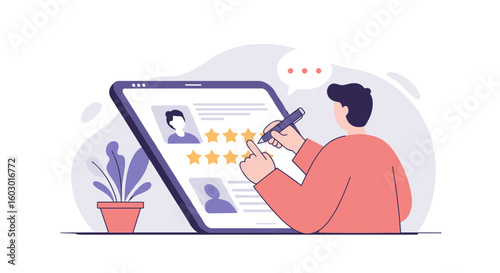 User giving five-star reviews on digital platform