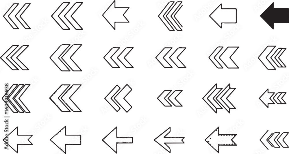 Collection of hand drawn arrow icons pointing left isolated on transparent background Collection of hand drawn arrow icons pointing left isolated on transparent background