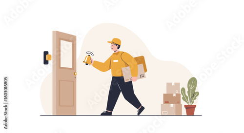 Delivery worker ringing doorbell while carrying parcel boxes and packa