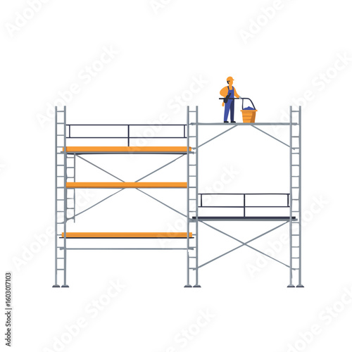 Vector illustration of scaffolding with worker industrial style on white background, construction work