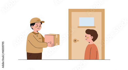 Friendly delivery service: courier handing package to customer at home