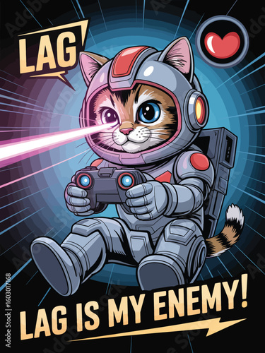 Cute futuristic cat gamer in sci fi armor fighting lag with laser beam