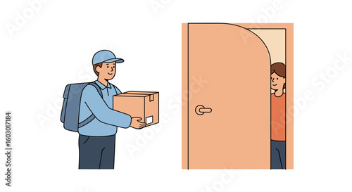 Friendly delivery: courier handing package to smiling customer at door