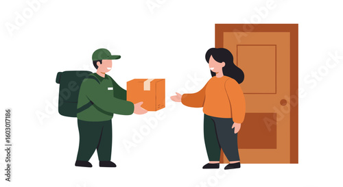 Delivery service interaction with courier handing package to customer
