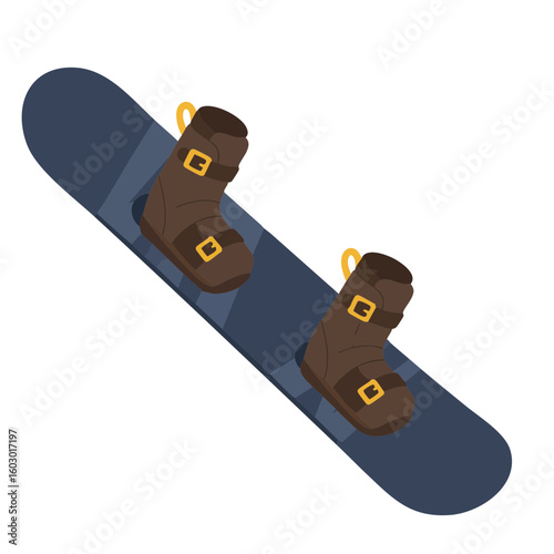 Vector illustration of snowboard with boots flat style on white background, winter sports gear