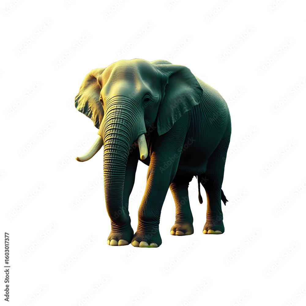 Fototapeta premium Large mammal, a gray elephant, standing isolated on a white background with its trunk visible