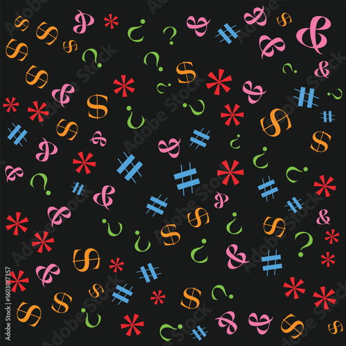 Symbolic Chaos A Vibrant Mix of Mathematical and Textual Symbols on a Dark Backdrop A Playful Pattern for Educational Designs and Creative Expressions