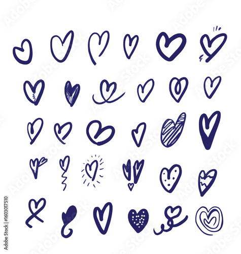 Dark blue color Heart Elements collection Hand Drawing