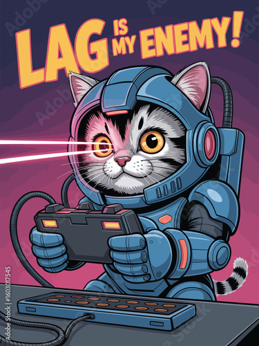 Cute tabby cat gamer in futuristic blue armor plays video games with laser eyes