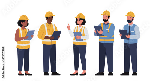 Diverse construction team in hard hats with clipboards discussing proj